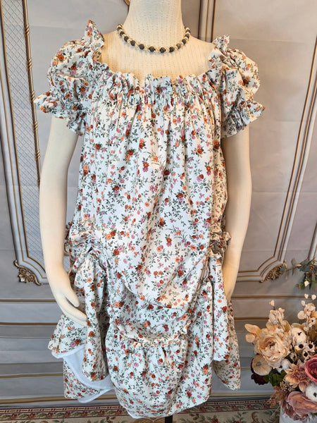 Adjustable Hem Ruffled Chemise - Midi / Tea Length- Ruffled Short Sleeve Fall Floral Print