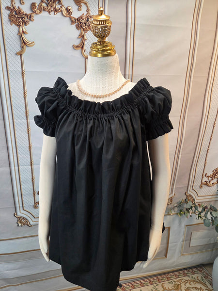 Chemise - Hip Length - Ruffled Short Sleeve - Black Cotton