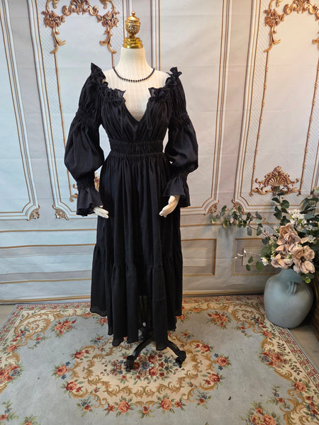 Cotton Gauze Chemise Dress with Ruffle - Full Length- Long Puffed Sleeve - Black
