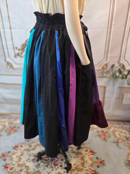 Midi Box Pleated Skirt - Tea Length Drawstring Skirt with Pockets, High Waist, Black and Rainbow