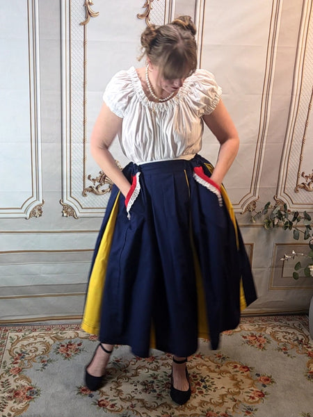 Midi Box Pleated Skirt - Tea Length Drawstring Skirt with Pockets Navy, Yellow, and Red - EaGenie's Scots 'n Knots
