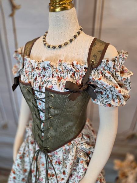 Cottage Bodice - Olive Green Jacquard with Brown Trim