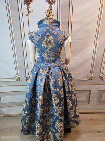Elizabethan Riding Jacket and Matching Bustling Skirt- Blue and Cream Damask Brocade