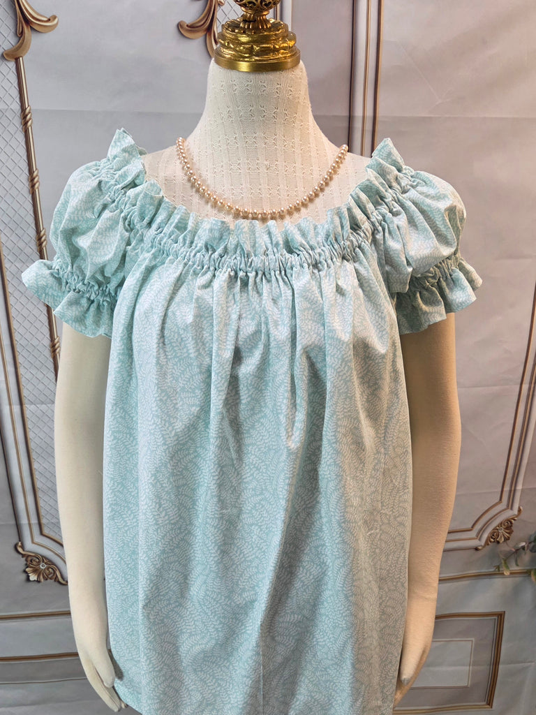 Chemise - Hip Length - Ruffled Short Sleeve - Pale Blue Vine Print