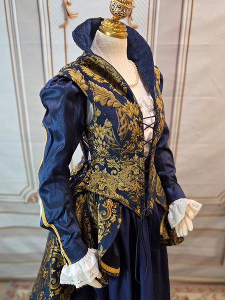 Elizabethan Riding Jacket- Blue and Gold Chenille Brocade - EaGenie's Scots 'n Knots
