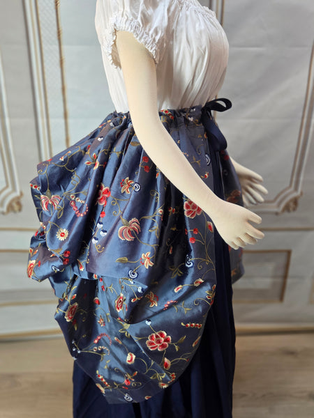 Self Bustling Over Skirt -  Dusty Blue Iridescent Silk Dupioni with Embroidered Flowers
