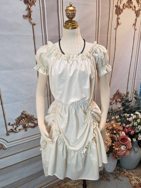 Ruffled Adjustable Hem Chemise - Midi / Tea Length- Ruffled Short Sleeve