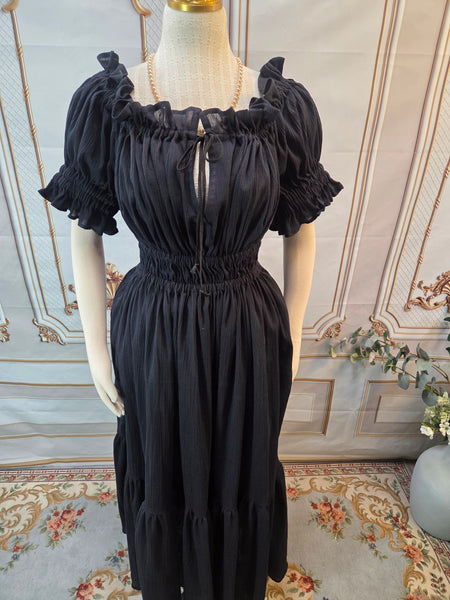 Cotton Gauze Chemise Dress with Ruffle - Full Length- Short Puffed Sleeve - Black