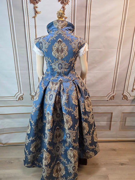Elizabethan Riding Jacket and Matching Bustling Skirt- Blue and Cream Damask Brocade