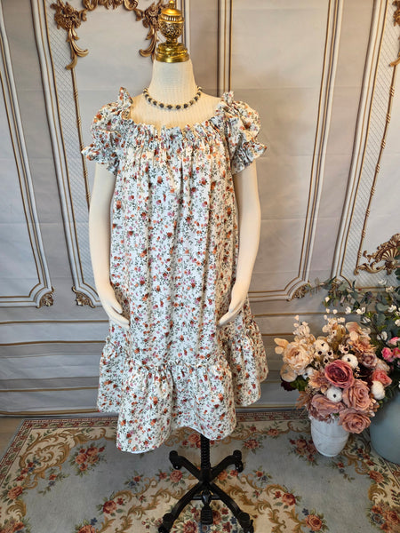 Adjustable Hem Ruffled Chemise - Midi / Tea Length- Ruffled Short Sleeve Fall Floral Print