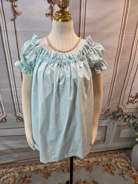 Chemise - Hip Length - Ruffled Short Sleeve - Pale Blue Vine Print