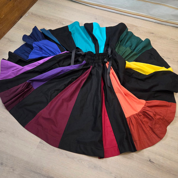 Midi Box Pleated Skirt - Tea Length Drawstring Skirt with Pockets, High Waist, Black and Rainbow