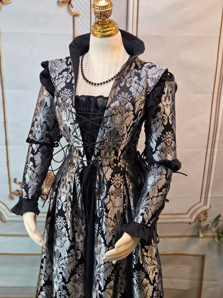 Reversible Elizabethan Riding Gown with Sleeves- Black and Silver Brocade Jacquard