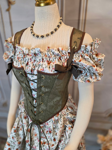 Cottage Bodice - Olive Green Jacquard with Brown Trim