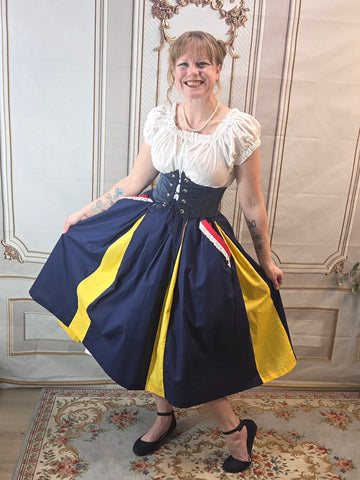 Midi Box Pleated Skirt - Tea Length Drawstring Skirt with Pockets Navy, Yellow, and Red