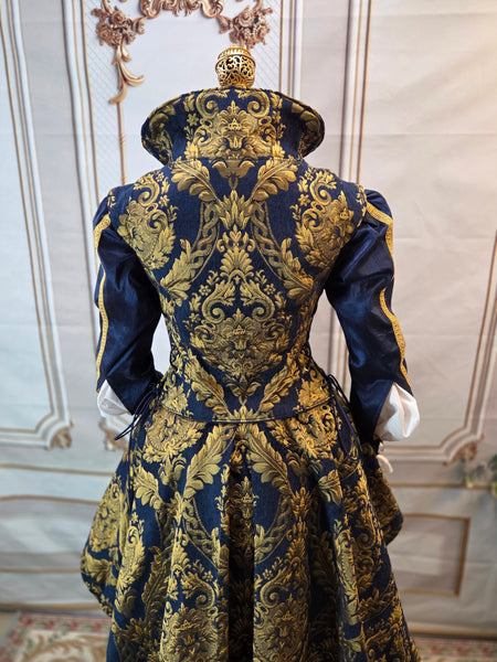 Elizabethan Riding Jacket- Blue and Gold Chenille Brocade - EaGenie's Scots 'n Knots