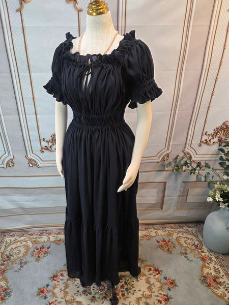 Cotton Gauze Chemise Dress with Ruffle - Full Length- Short Puffed Sleeve - Black