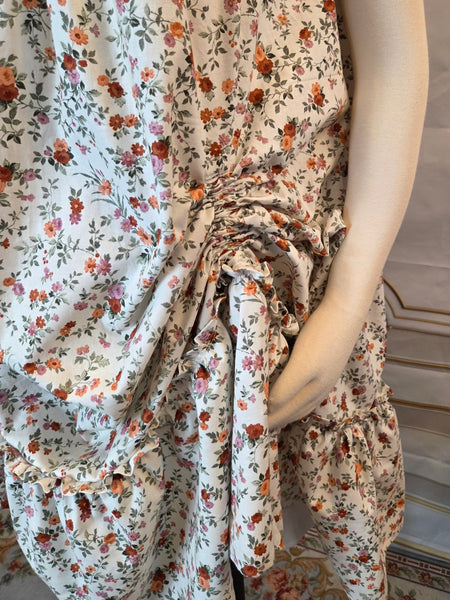 Adjustable Hem Ruffled Chemise - Midi / Tea Length- Ruffled Short Sleeve Fall Floral Print