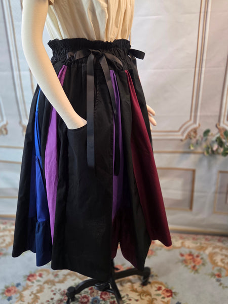 Midi Box Pleated Skirt - Tea Length Drawstring Skirt with Pockets, High Waist, Black and Rainbow