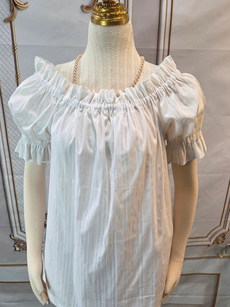 Chemise - Hip Length - Ruffled Short Sleeve - Slim Line - White with Stripes