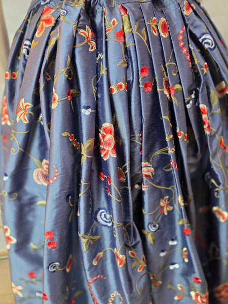 Self Bustling Over Skirt -  Dusty Blue Iridescent Silk Dupioni with Embroidered Flowers