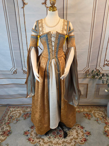 Venetian Courtesan Gown - Gold Jacquard with Blue and Gold Trim