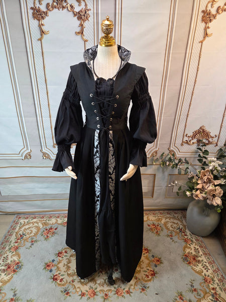 Reversible Elizabethan Riding Gown with Sleeves- Black and Silver Brocade Jacquard