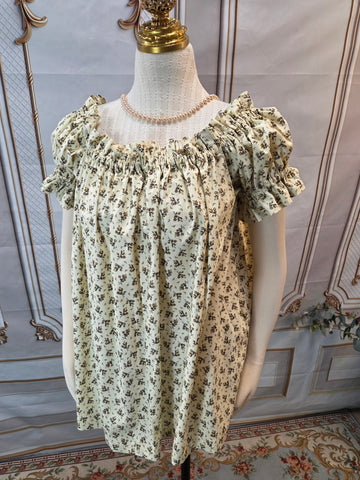 Chemise - Hip Length - Ruffled Short Sleeve - Cream with Green Floral Print