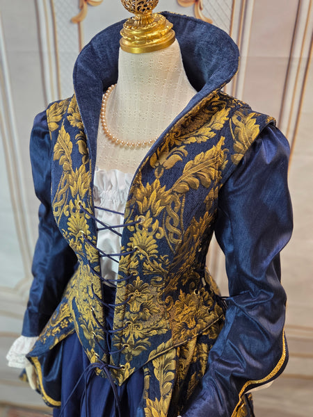 Elizabethan Riding Jacket- Blue and Gold Chenille Brocade - EaGenie's Scots 'n Knots
