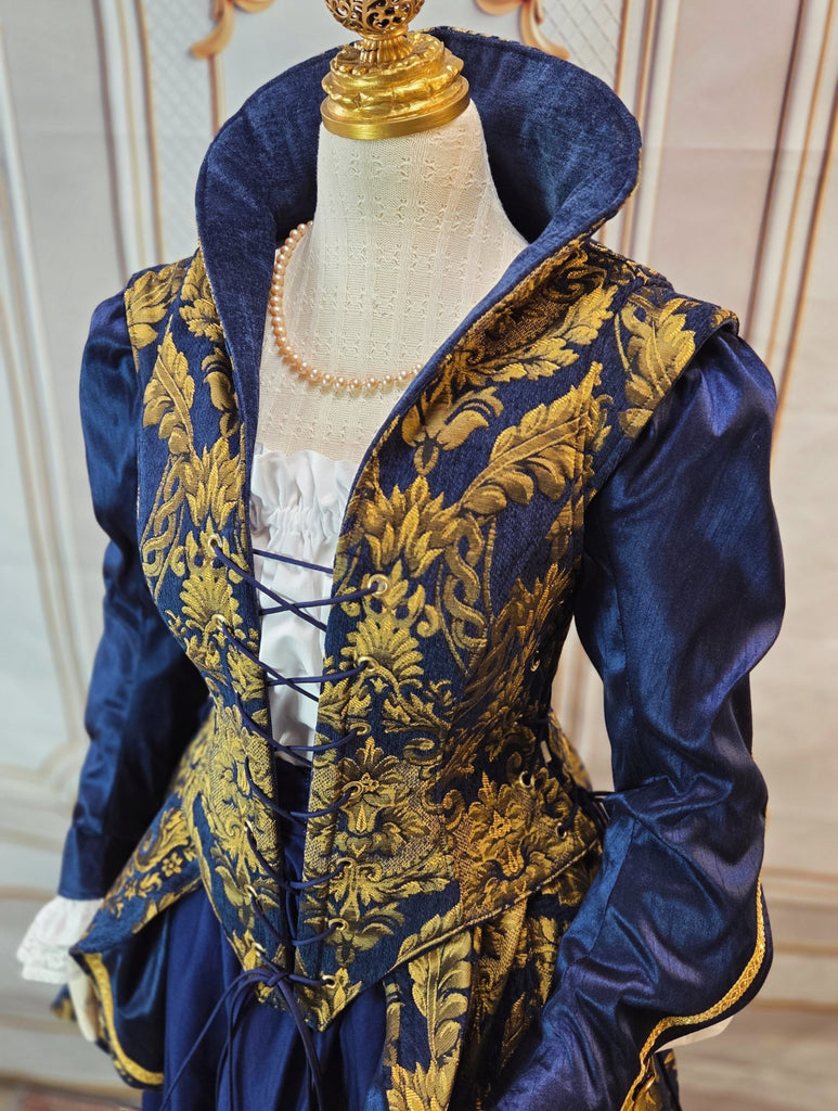 Elizabethan Riding Jacket- Blue and Gold Chenille Brocade - EaGenie's Scots 'n Knots