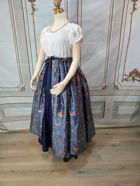 Self Bustling Over Skirt -  Dusty Blue Iridescent Silk Dupioni with Embroidered Flowers