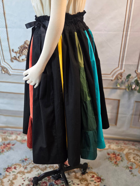 Midi Box Pleated Skirt - Tea Length Drawstring Skirt with Pockets, High Waist, Black and Rainbow