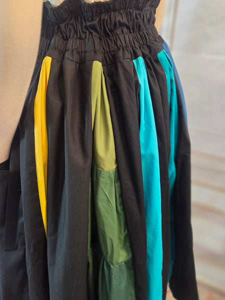 Midi Box Pleated Skirt - Tea Length Drawstring Skirt with Pockets, High Waist, Black and Rainbow