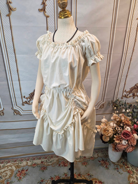 Ruffled Adjustable Hem Chemise - Midi / Tea Length- Ruffled Short Sleeve