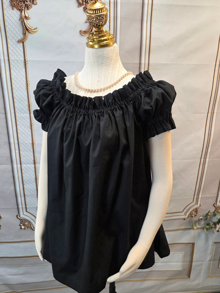 Chemise - Hip Length - Ruffled Short Sleeve - Black Cotton