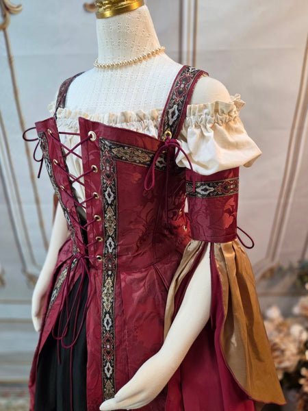 Venetian Courtesan Gown - Burgundy Silk Jacquard Black and Gold Trim