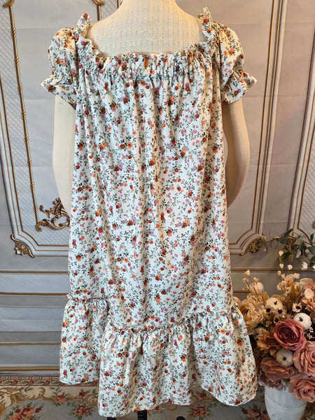 Adjustable Hem Ruffled Chemise - Midi / Tea Length- Ruffled Short Sleeve Fall Floral Print