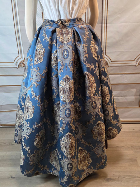 Elizabethan Riding Jacket and Matching Bustling Skirt- Blue and Cream Damask Brocade