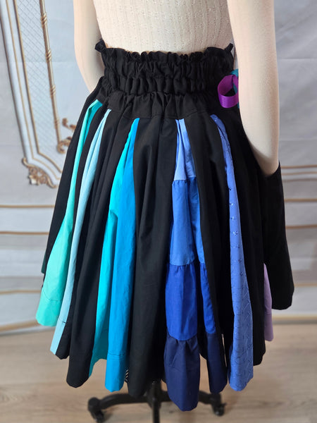 Rainbow Box Pleated Skirt - Knee Length Drawstring Twirling Skirt with Pockets, High Waist, Black and Rainbow