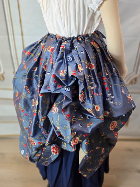 Self Bustling Over Skirt -  Dusty Blue Iridescent Silk Dupioni with Embroidered Flowers
