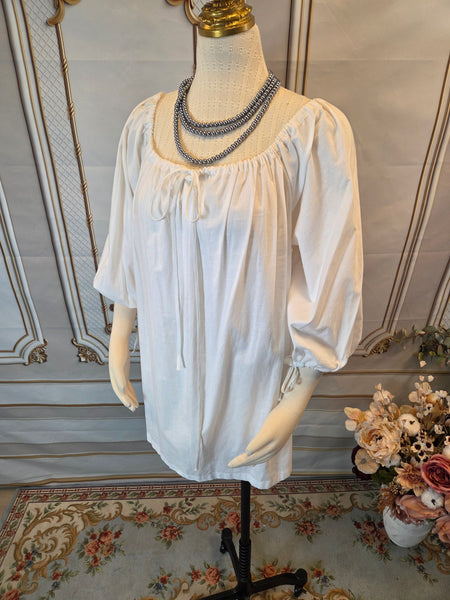 Shift Chemise Hip Length- 3/4 Sleeve- White Cotton