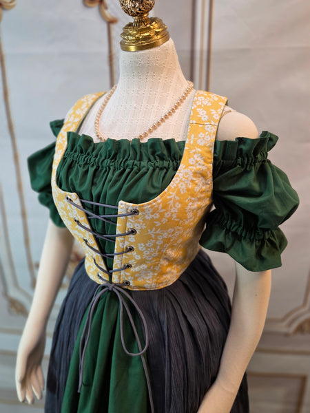 Cottage Dress - Sage, Grey, and Yellow  - One of a Kind