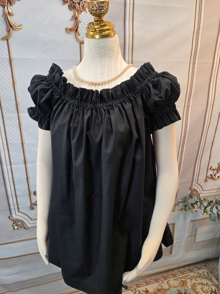 Chemise - Hip Length - Ruffled Short Sleeve - Black Cotton