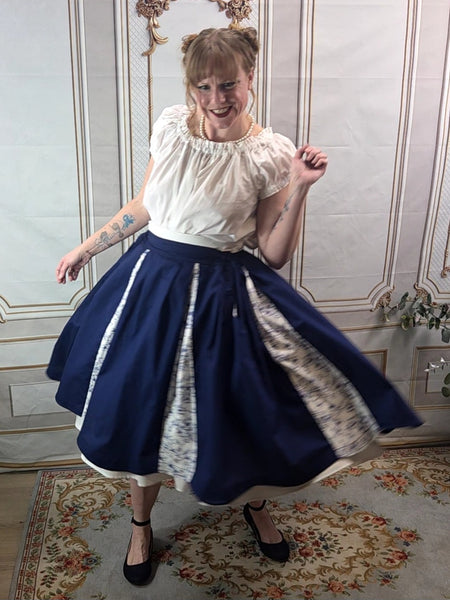 Midi Box Pleated Skirt - Tea Length Drawstring Skirt with Pockets Navy and White Floral Scalloped Hem