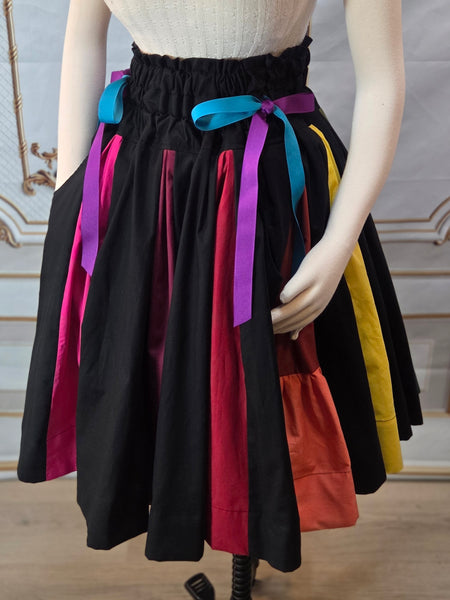 Rainbow Box Pleated Skirt - Knee Length Drawstring Twirling Skirt with Pockets, High Waist, Black and Rainbow