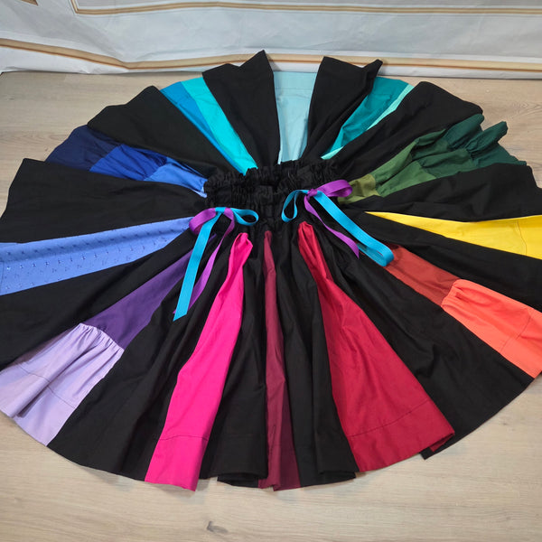 Rainbow Box Pleated Skirt - Knee Length Drawstring Twirling Skirt with Pockets, High Waist, Black and Rainbow