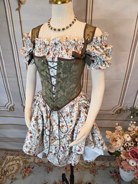 Cottage Bodice - Olive Green Jacquard with Brown Trim