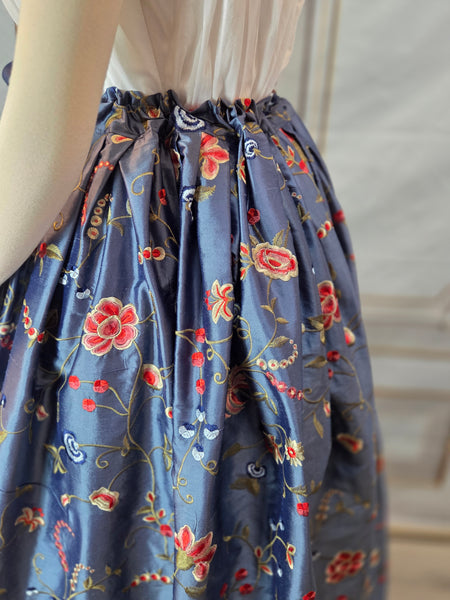 Self Bustling Over Skirt -  Dusty Blue Iridescent Silk Dupioni with Embroidered Flowers