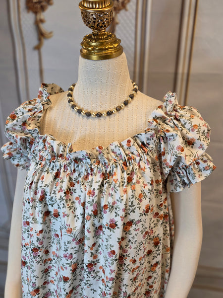 Adjustable Hem Ruffled Chemise - Midi / Tea Length- Ruffled Short Sleeve Fall Floral Print