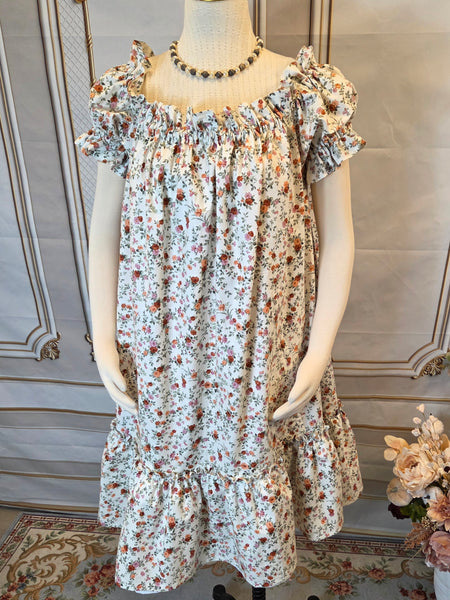 Adjustable Hem Ruffled Chemise - Midi / Tea Length- Ruffled Short Sleeve Fall Floral Print